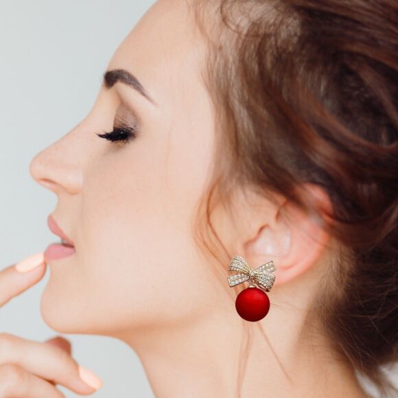 Red Christmas Ball Earrings Gold Crystal Bows - Picture 2 of 4